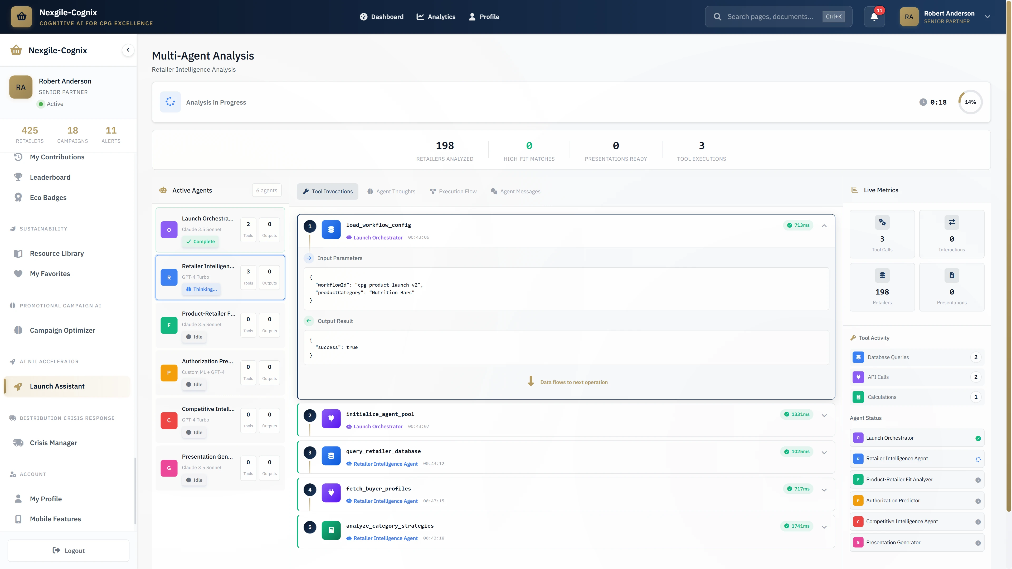 Multi-Agent Analysis - Real-time 6-agent collaboration analyzing 425 retailers for optimal product-retailer fit scoring